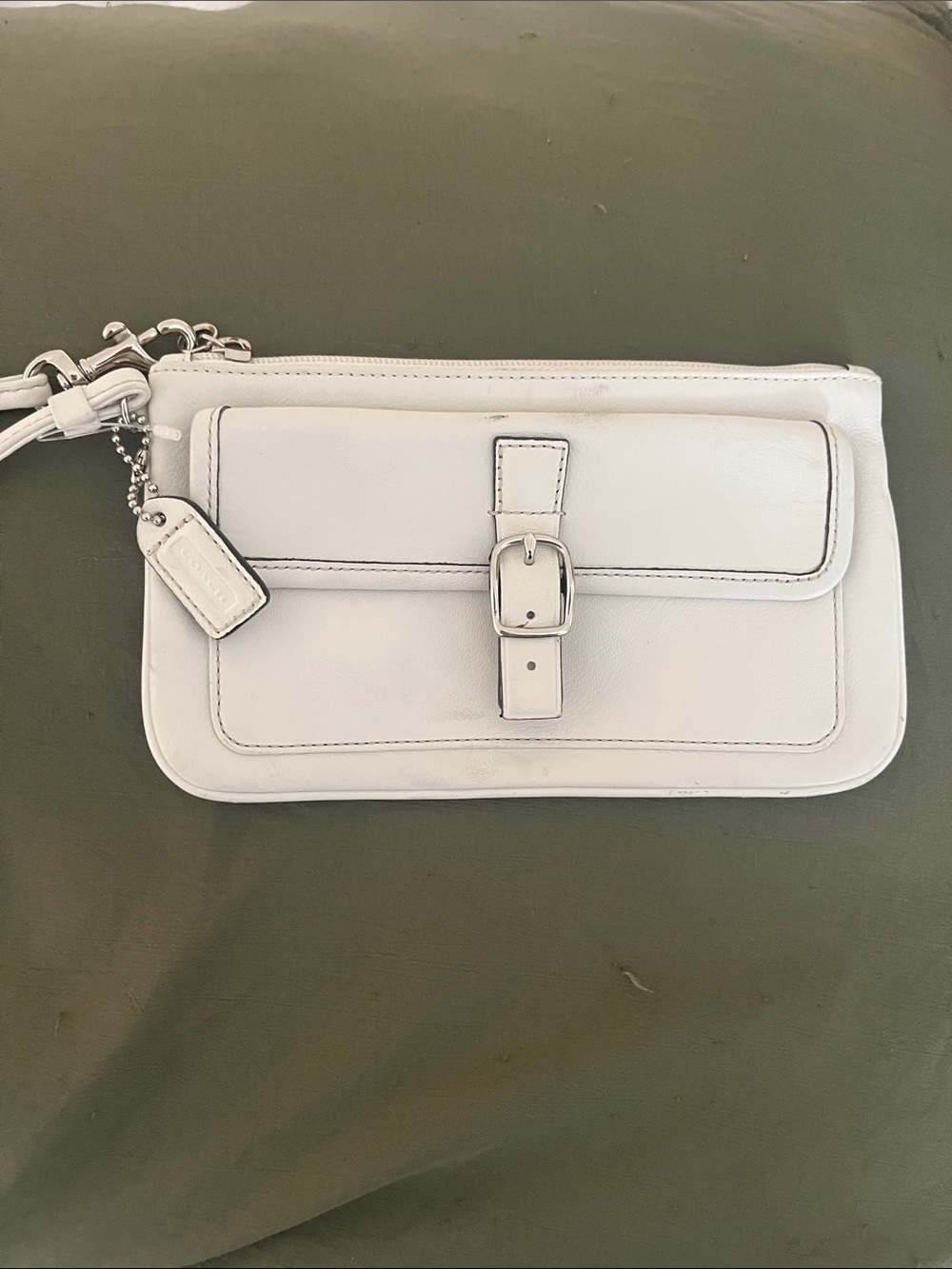 White Leather Wristlet Clutch with Front Buckle